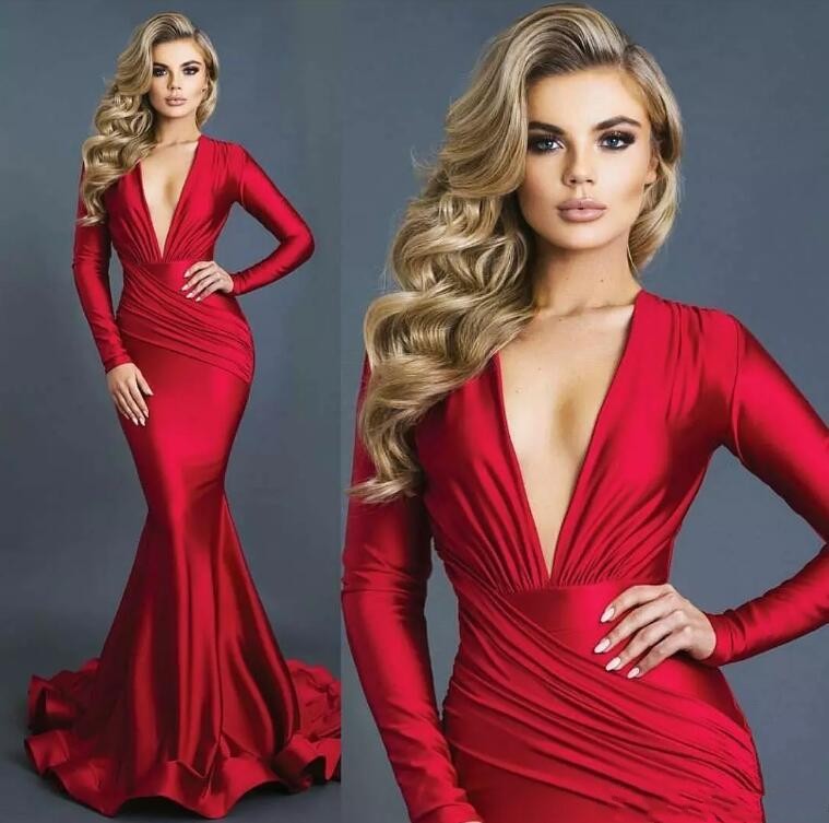 

2019 New Arrival Red Mermaid Formal Evening Dresses Sexy Plunging V Neck Long Sleeves Satin Ruched Prom Gowns robe de soiree, Black