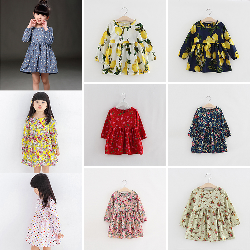 

Lemon Long Sleeve Dress Dots Casual Floral Online Shopping Cute Cotton Little Girls Dresses 16092101, #4
