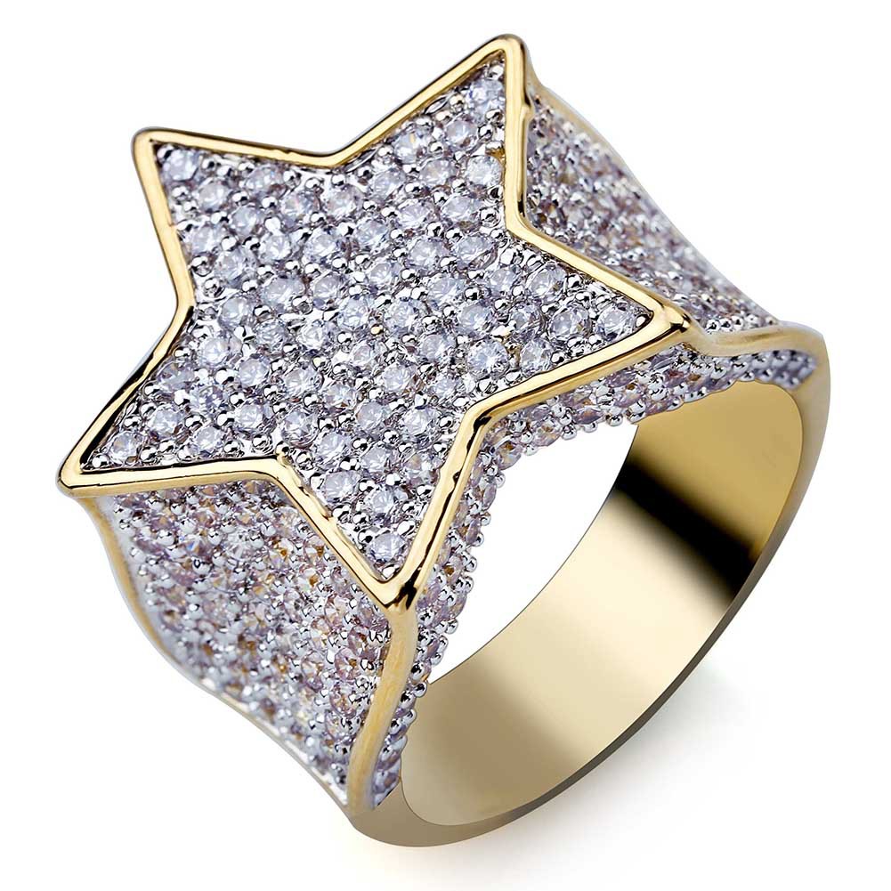 Men's Fashion Copper Gold Color Plated Ring Exaggerate High Quality Iced Out Cz Stone Star Shape Ring Jewelry Gift