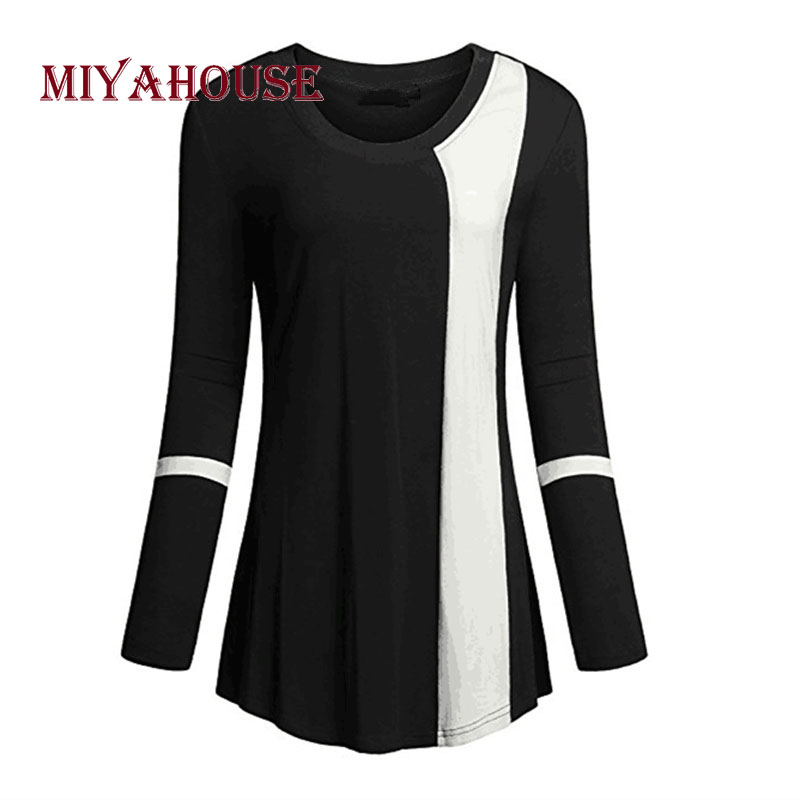 

Miyahouse Patchwork O-Neck Lady T-Shirt Spring Autumn Long Sleeve Women Shirts Casual Cotton Large Size Loose Tops For Female, F1688-2