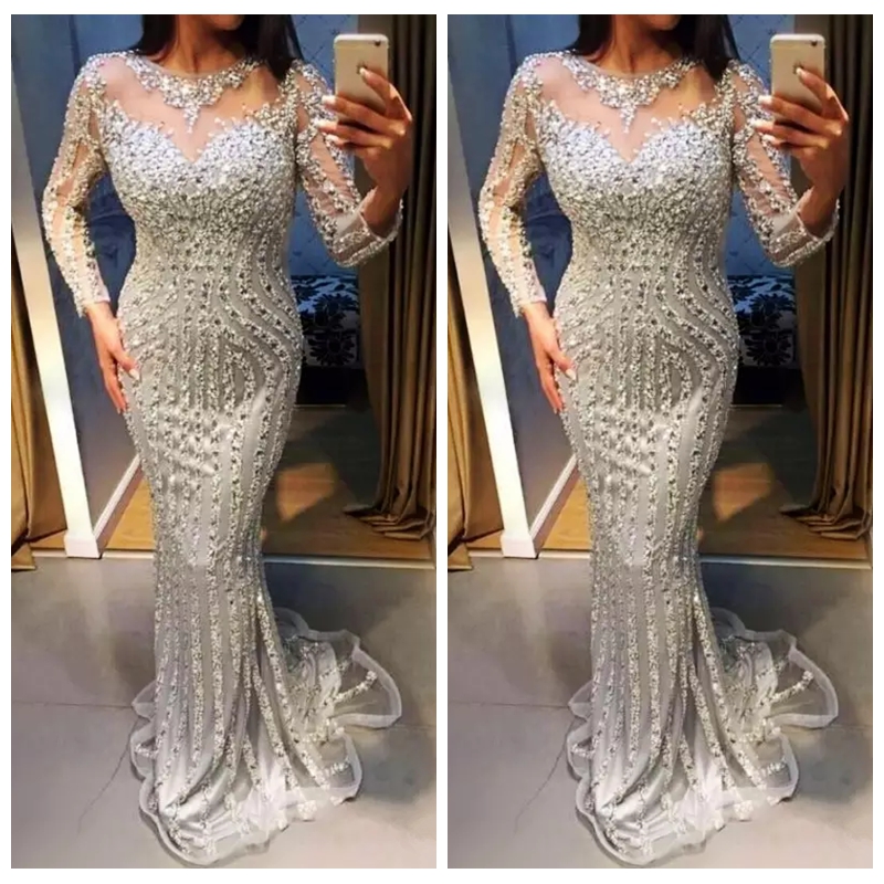 

2021 Sheer Long Sleeves Slim Evening Dresses Silver Crystals Beaded Prom Party Gowns Custom Lace Appliques Formal Special Occasion Dress, Fuchsia