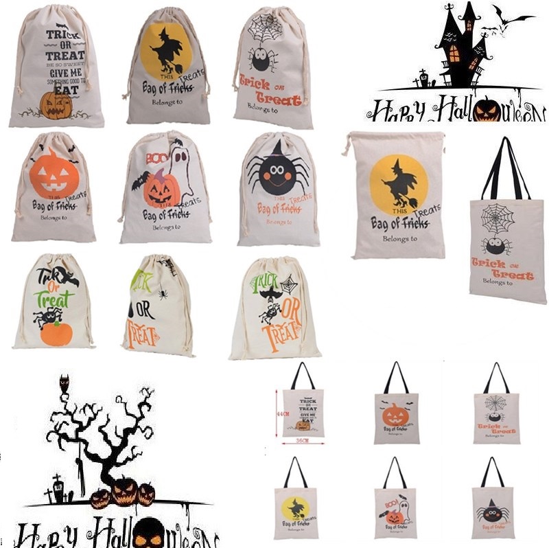 

New Halloween bags Party Supplies Canvas Candy Bags 15 Styles Drawstring Gift Bag Canvas Santa Sack Stuff Sacks Tote Bags for Halloween