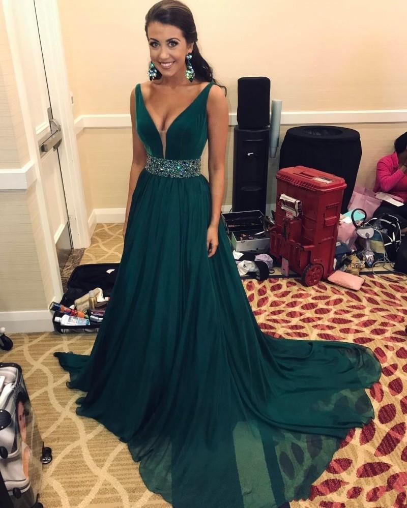 

Emerald Green Cheap Evening Dresses 2019 Long With Sash Beads Sequins A Line Deep V Neck Formal Prom Gowns, Champagne