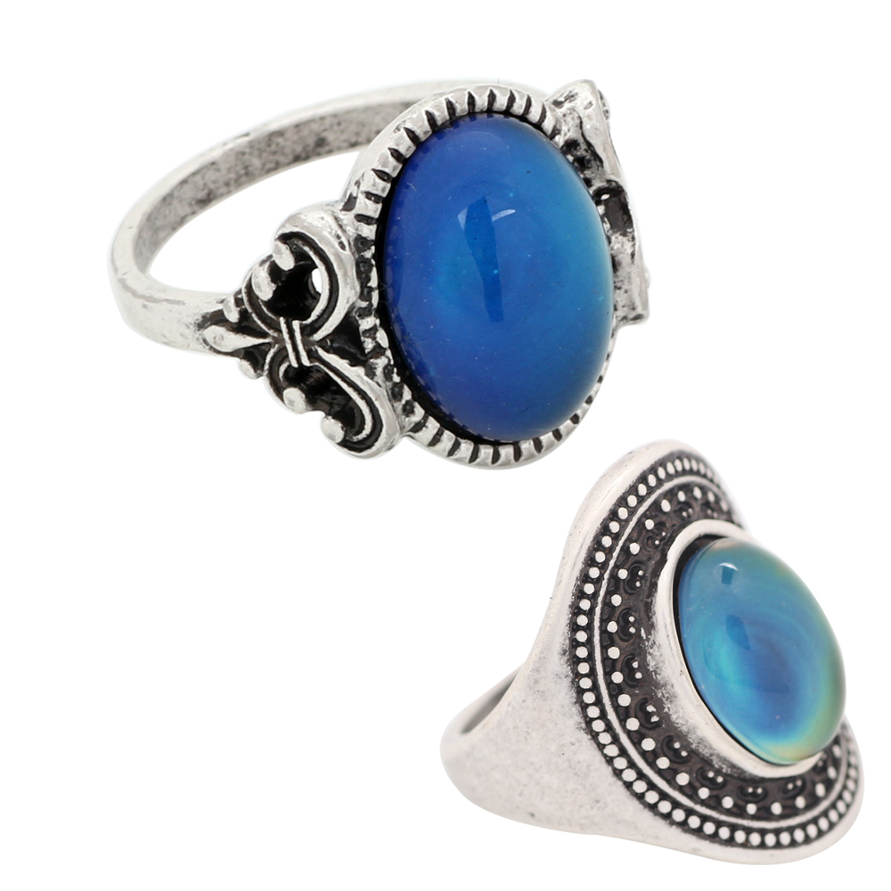 

Womens Fashion Silver Plated Color Change Mood Oval Stone Ring for Gifts 2 PCS/Set