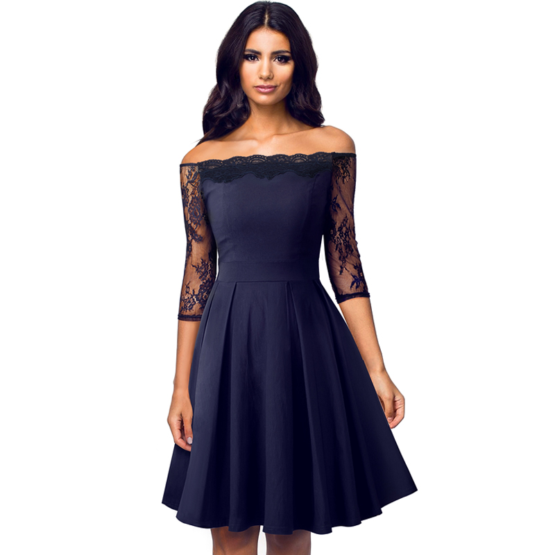 

european style fashion women lace aline dress blackoff shoulder high quality three quarter sleeve slash neck bottom dress navy blue, Black