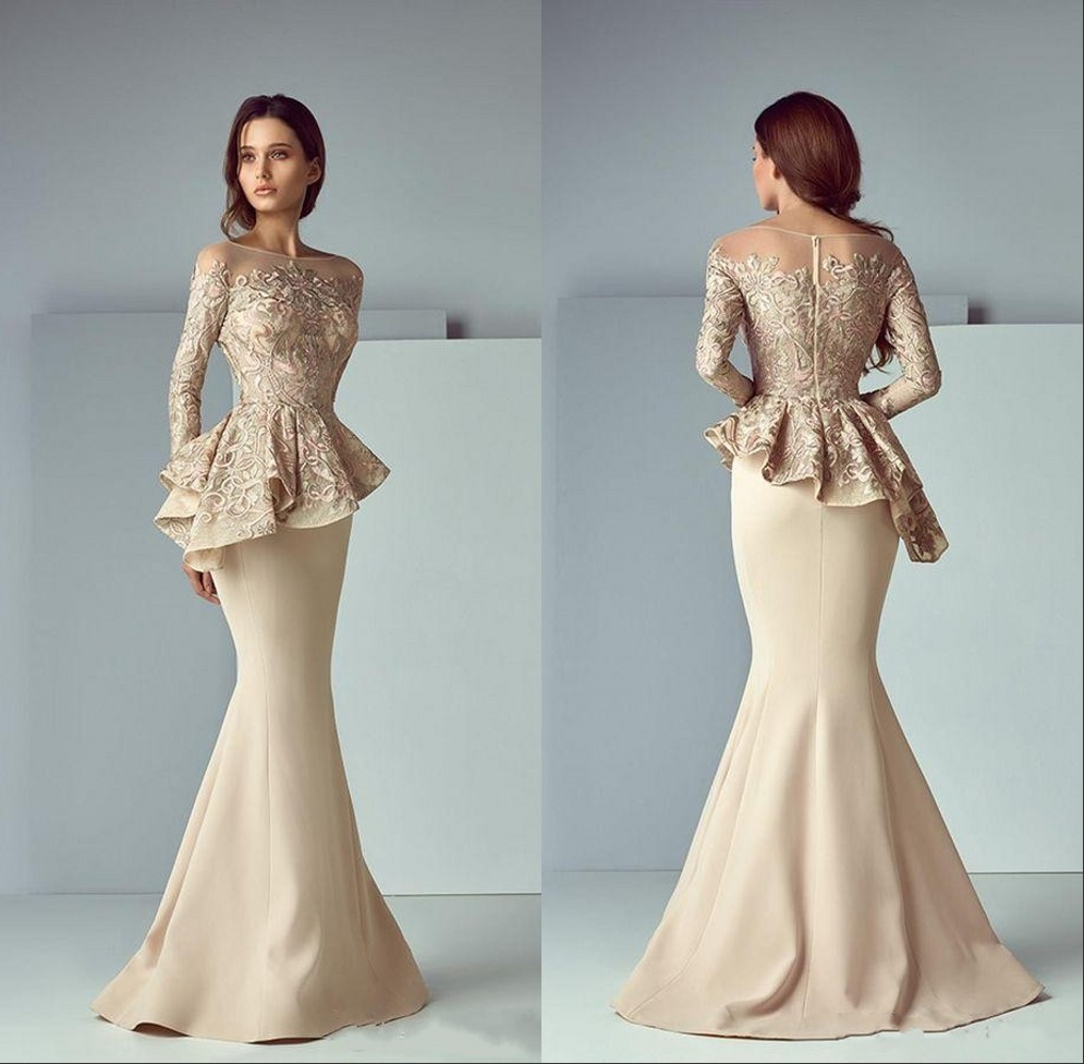 

Champagne Lace Peplum Evening Formal Wear Dresses Sheer Neck Long Sleeve Dubai Arabic Mermaid Prom Party Dress, Hunter green