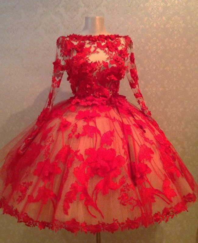 

Vintage 1950's Style Red Lace Ball Gown Short Evening Dresses Long Sleeves Sheer Sexy Prom Dresses Short Women Formal Gowns With Appliques
