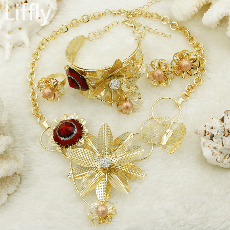 

2018 Fashion Pearl African Jewelry Sets Sun Eyes Flower Gold Big Jewelry Sets Wedding Bridal Accessories, As pic