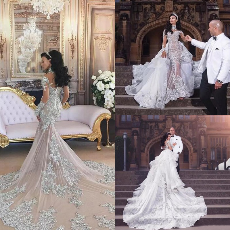 

Retro Sparkly 2019 Wedding Dresses With Detachable Skirt Sheer Mermaid Beaded Lace Illusion Long Sleeves Arabic Chapel Bridal Gowns Dubai, Champagne