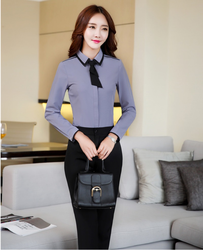 

Two Piece Sets Women Business Suits with Pant and Blouses Sets Tops Ladies Grey Shirts with Tie Pantsuits, White