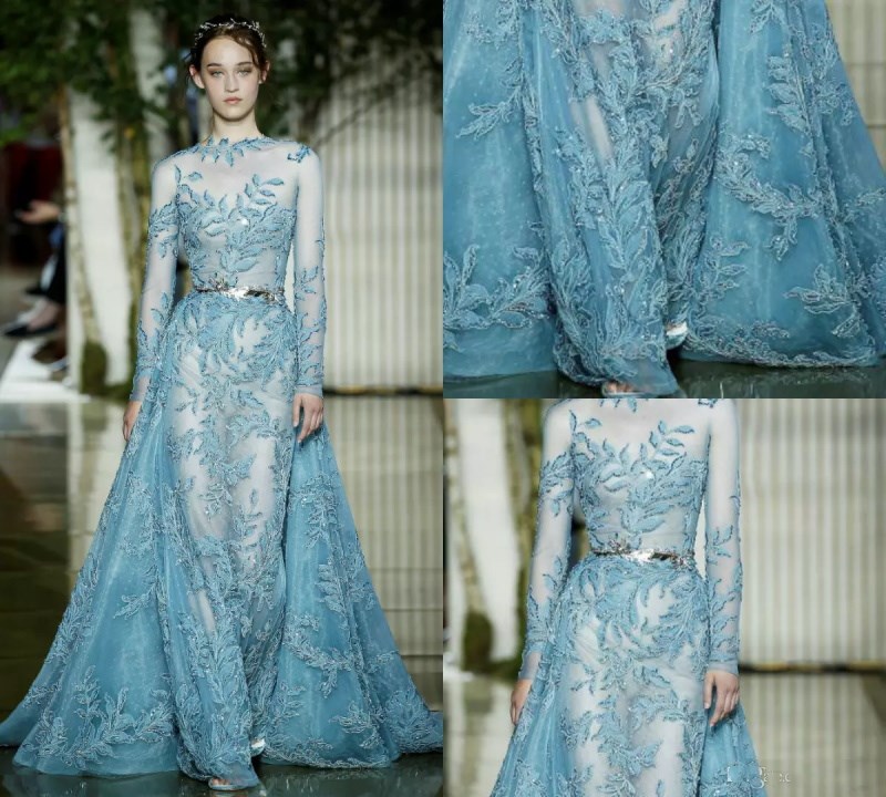

Charming Zuhair Murad Mermaid Prom Dresses With Detachable Skirt Sky Blue Lace Appliques Beads Long Sleeves Formal Dresses Evening Wear, Yellow