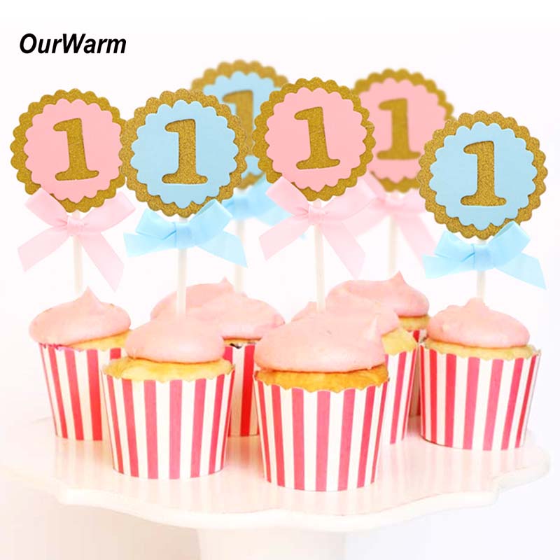 OurWarm 10 pièces 1er anniversaire décorations de gâteau décorations de fête d'anniversaire enfants rond rose bleu décoration de Cupcake fournitu