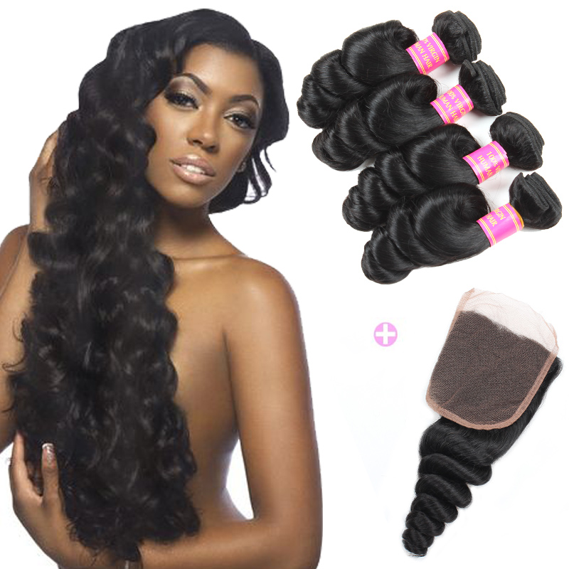 

Wholesale 8A Peruvian Loose Wave 4 Bundles with Closure Free Middle 3 Part Double Weft Loose Deep Wave Wavy Virgin Human Hair Extensions, Natural color
