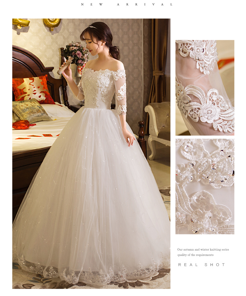

2018 Plus size Boat neck Lace Full Sleeves Lace Bling wedding Dresses Floor Length Bride Ball Gowns Vestidos De Novia, White