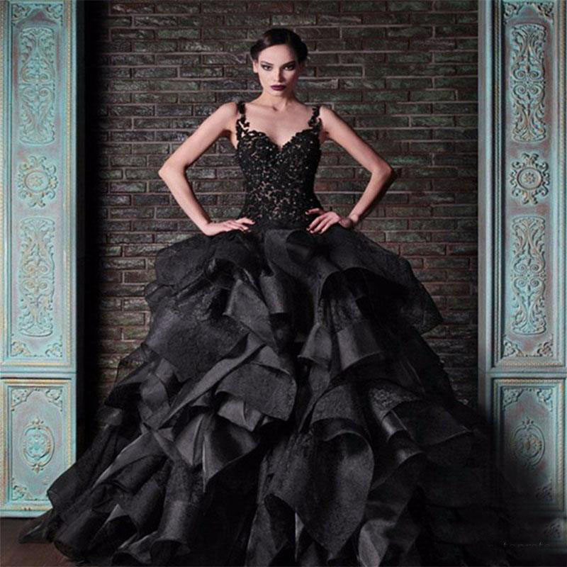 

2018 Modern Gothic Black Ball Gown Wedding Dresses Rami Kadi Spaghetti Straps Vintage Lace Organza Ruffles Puffy Bridal Formal Gown, Gold