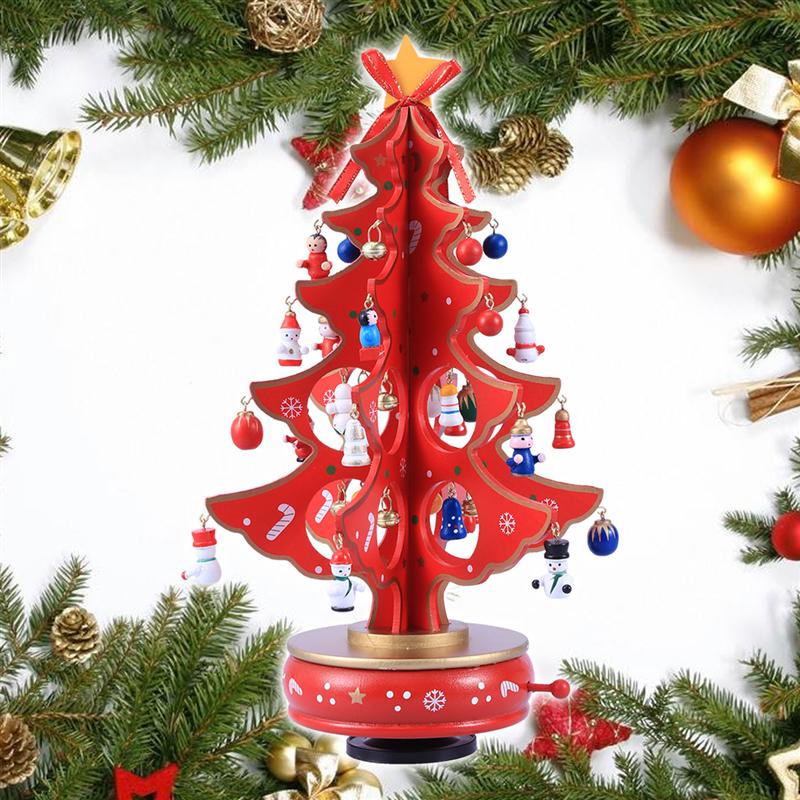 Toymytoy Classic Music Box Wooden Clockwork Design Christmas Tree With Pendants Miniature Handmade Music Box For Birthday Valentines Gift Red