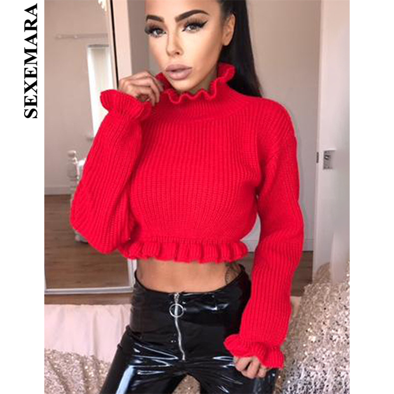 Ruffles Knitting Sweater Women Cropped Pullover Red Sexy Turtleneck Long Sleeve Crop Top Fall 2018 Sweaters C81-AA59