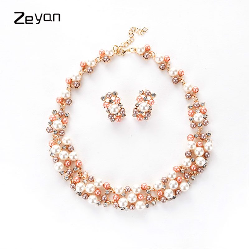 

Zeyan Exquisite Jewelry Set Gold Pearl Pendant Necklace Earrings Set Women Wedding Gift Classic Imitation Pearl Bijoux ZYTZ602, As pic