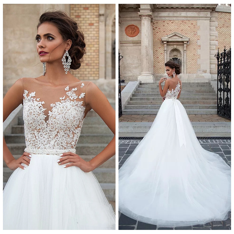 

2018 Skin Sheer Top Lace Appliques Wedding Dresses Tulle Chapel Train Bridal Gowns Custom Beach Wedding Gowns Cheap Vestidos De Mariage, White
