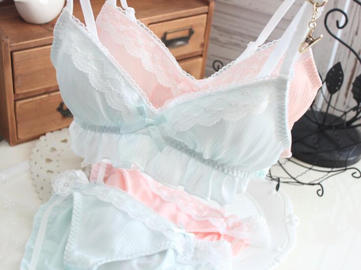 

Bras Sets 2022 Arrival Real Pos Lolita Sexy Cute Kawaii Chiffon Padded Wireless Seamless Sheer Soft Bustier Bra Panties Set, White