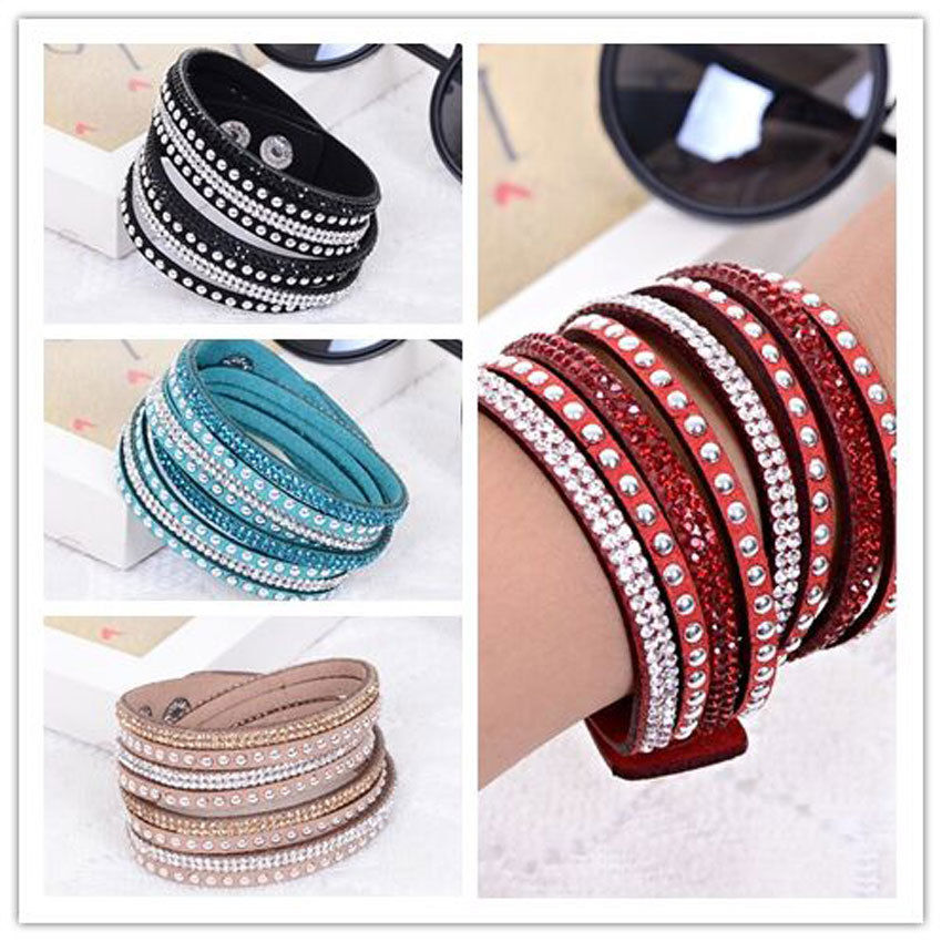

Women Crystal Rhinestone Slake Deluxe Leather Wrap Wristband Cuff Punk Bracelet Bangles Fit Party Best Gift 15 colors