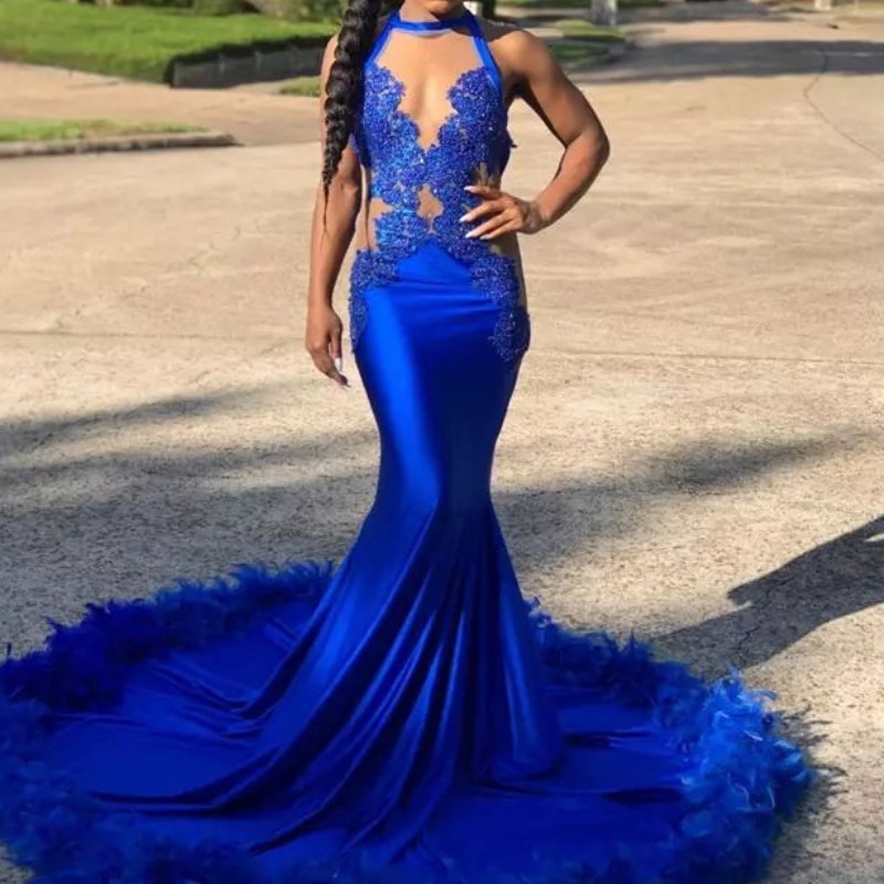 

Sexy Royal Blue African Prom Dress 2018 Sheer Neck Lace Applique Cutaway Sides Mermaid Party Dress Luxury Feather Train Arabia Evening Dress, Daffodil