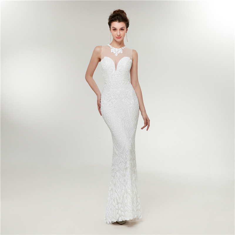 

Sexy Sequins Mermaid Evening Dresses Sheer White Formal Gowns Sleeveless Jewel C0017 Prom Dresses Appliques Wedding Guest Gowns, Same as image