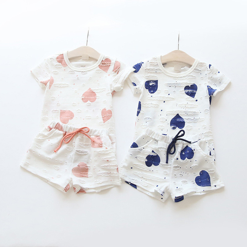 

2pcs/sets,Casual Kids Clothing Baby Girls Clothes Sets Summer Heart Printed Girl Tops Shirts + Shorts Suits Children's Clothing, Pink