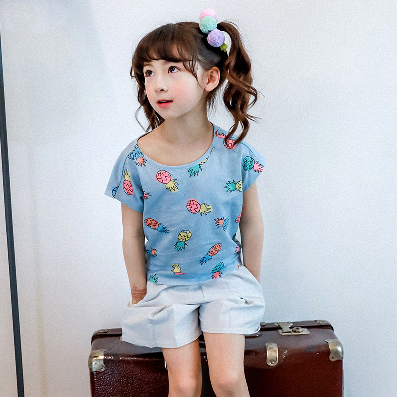

2020 New Arrival Girls T-shirt Summer Kids Cotton Pineapple Printed Top Cute Fashion Children Casual Clothes, Blue