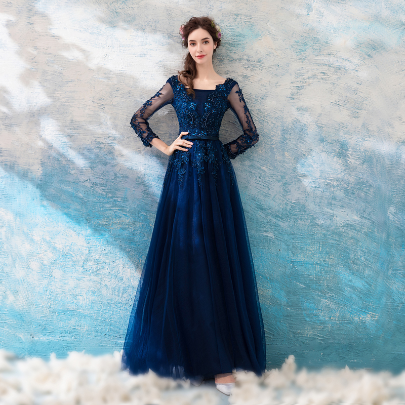 

Gorgeous Dark Blue Prom Dresses Long Evening Gowns Scoop Three Quarter Sleeves Floral Applique with beads Sequins Party Dress, Green
