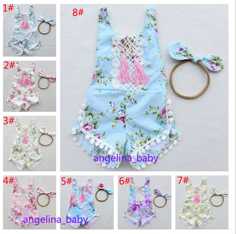 

26 Colors Summer Floral Fringe Toddler Girls Rompers Set Cotton Lace Baby Romper + Headband Flower Print Jumpsuits Newborn Onesies Z11, 1lot=1set=2pcs=1pc headband+1pc romper