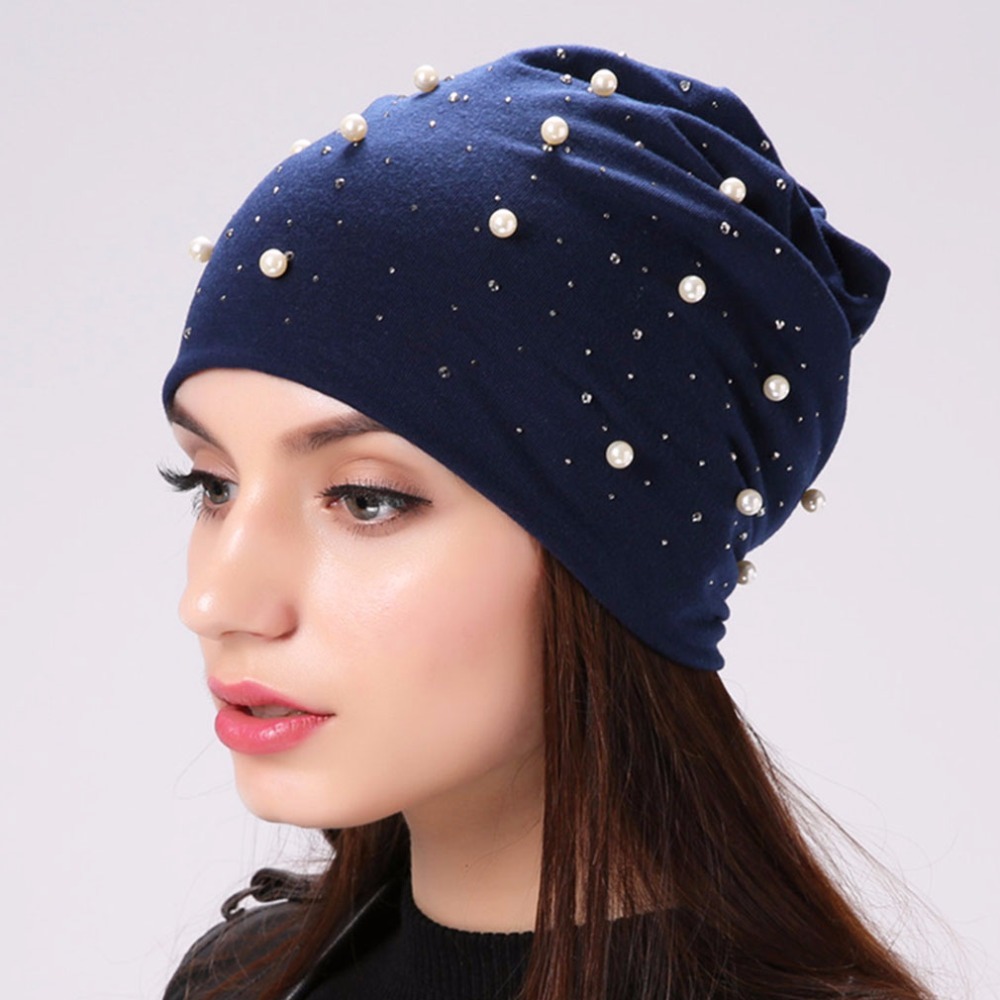 Geebro Brand Women's Beanie Hat Casual Polyester Shine Pearls&Rhinestones Beanies For Women Skull Beanie Hats Bonnet For Female Y18102210