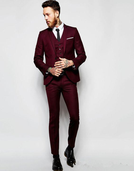 Handsome Burgundy Wedding Tuxedos Slim Fit Suits For Men Groomsmen dinner Suit Three Pieces Cheap Prom Formal Suits (Jacket +Pants+Vest)