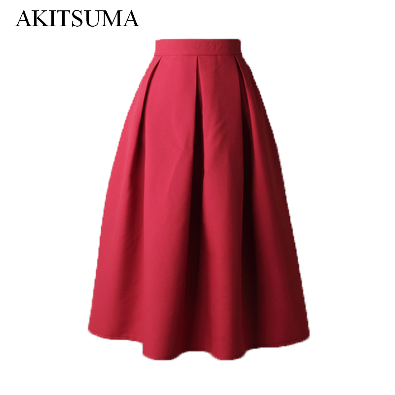 

Wholesale- Women Pleated Skirts 2017 Summer Skirt Vintage High Waist Midi Office Workwear Flared Tutu Saias Femininas AKITSUMA, Beige