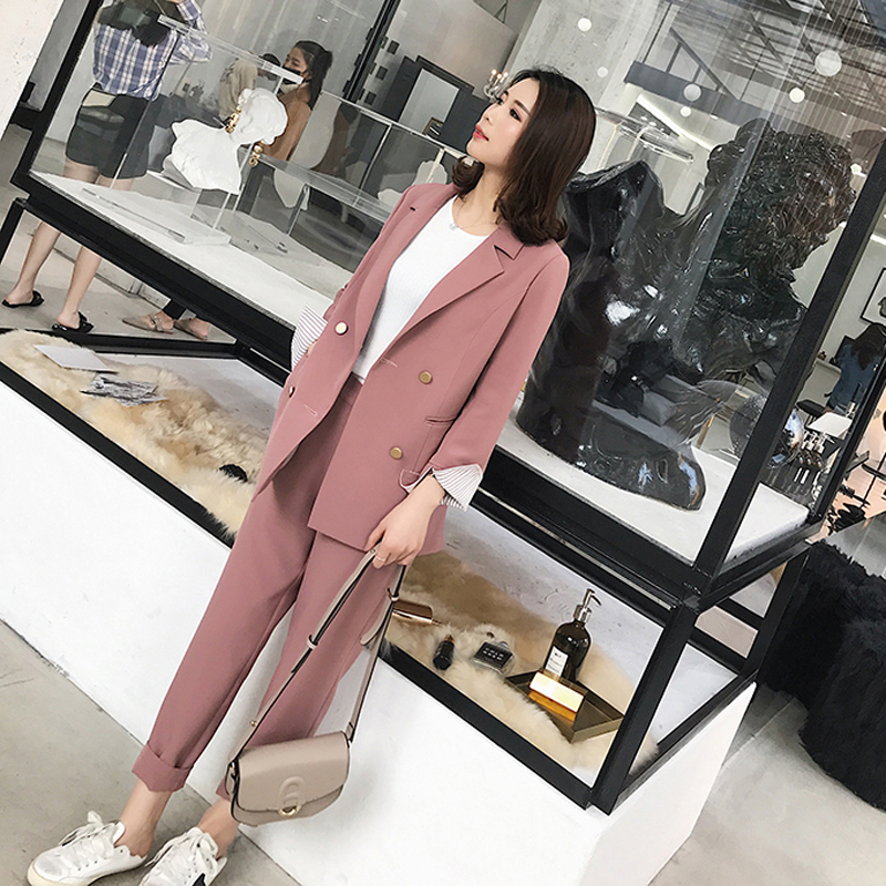 

Striped Sleeve Double Breasted Women Pant Suits Notched Blazer & High Waist Pencil Pant Solid Style Female 2 Pieces Set 2018, Pink