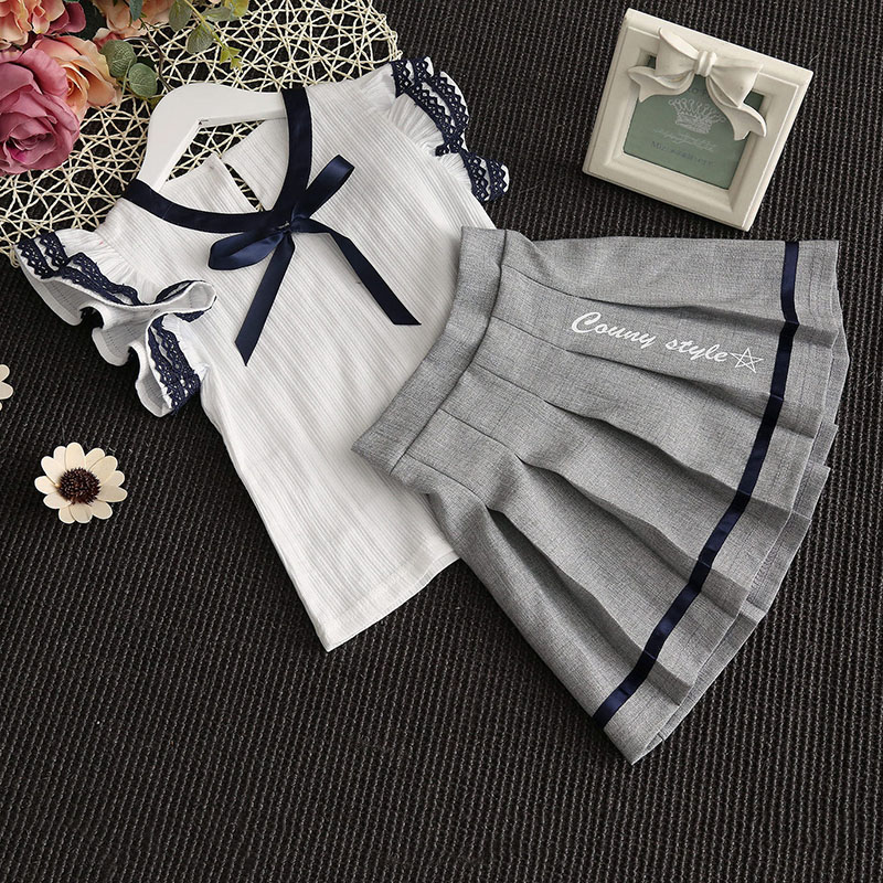 

Children's Clothing 2018 Girls Korean Version of The Summer Dress Set Lace Short-sleeved Preppy Style Two-piece Sets, Grey&white