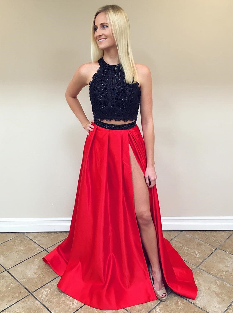 

2019 Cheap Two Pieces Women Prom Dresses Black Lace Red A-line Side Split Crew Neck Evening Dresses Hollow Back Long Formal Party Gowns, Same as image