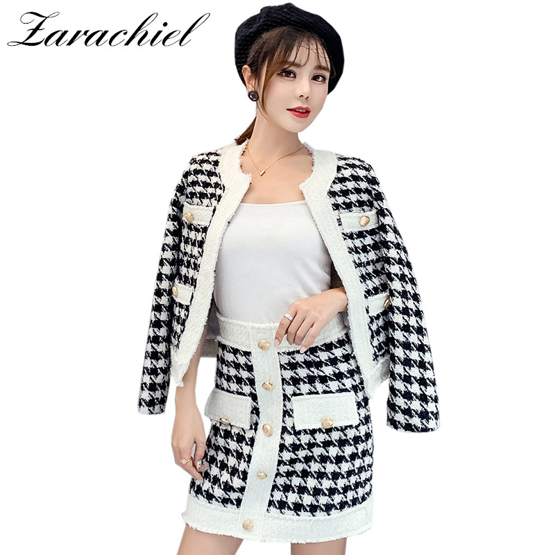 

Small Fragrant Houndstooth 2 Piece Set 2018 Winter Women Tweed Wool Jacket Coat+Gold Button Mini Pencil Skirt Ladies Runway Suit, Picture color