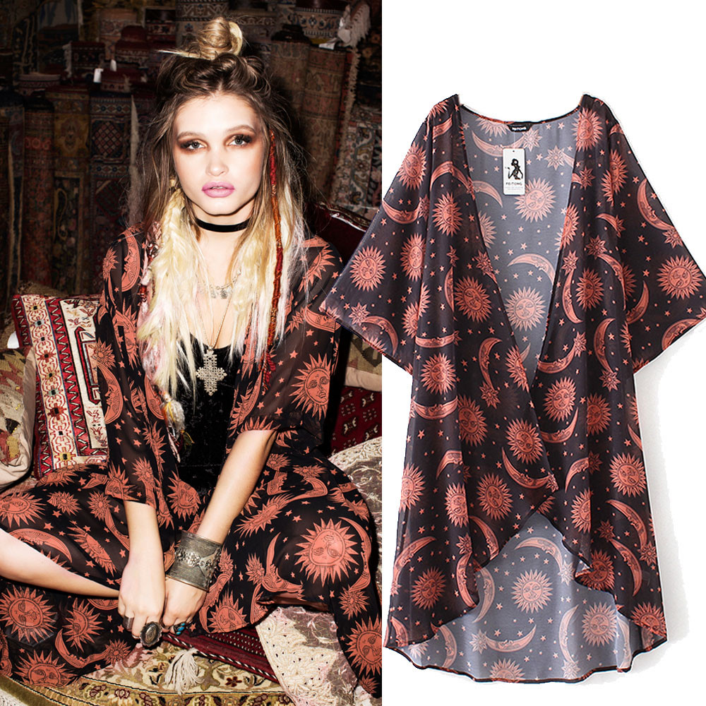 

2018 Women Summer Sun Moon Print Chiffon Long Loose Casual Shawl Kimono Cardigan Top Cover up Unregular Shirt Blouse, Brown