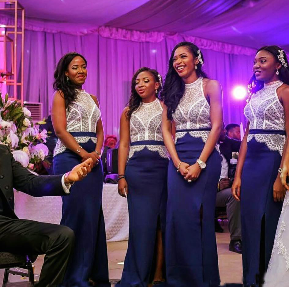 

Sexy Crew Neck 2019 Two Colors Bridesmaid Dress White Lace Appliques Royal Blue Satin Wedding Guest Dresses for Party Split Front Prom Dress