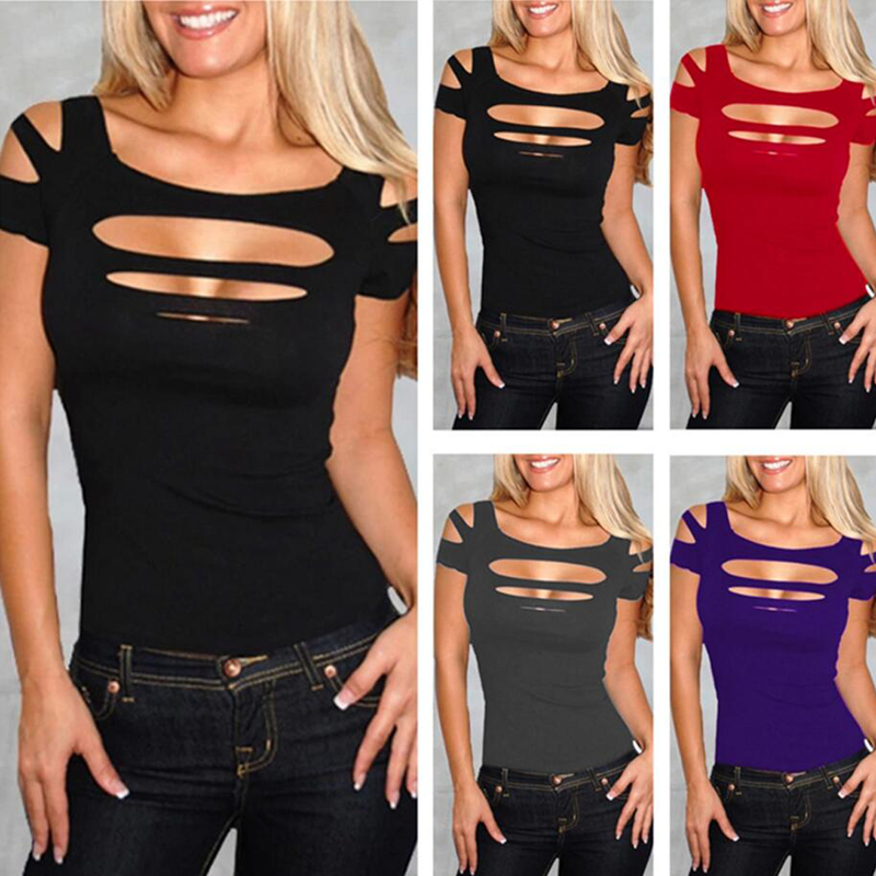 

Hot Sale Sexy Tees Summer Women Tops Holow Out Short Sleeve Ladies Club t Shirts Black Blouse Tops for Women, Gray