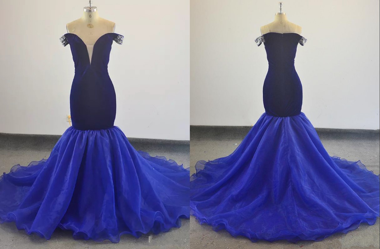 

Modern Royal Blue Velvet Mermaid Evening Prom Dresses Cheap Long Off the shoulder Deep V neck Beads Sequins Organza Sweep train Formal Gowns, Burgundy