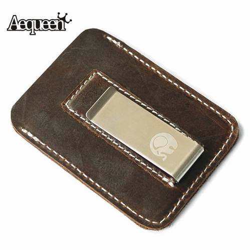 

AEQUEEN Genuine Cow Leather Money Clip Metal Moneys Wallet Men Money Card Pack Slim Billfold Holder Thin Bills Cash Clamp Wallet
