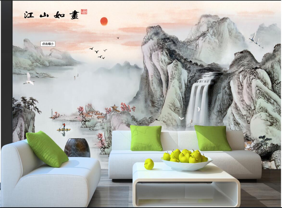 

3d wallpaper custom photo River, river, water, flying crane, boat, ink painting, background wall 3d wall muals wall paper for walls 3 d, Black