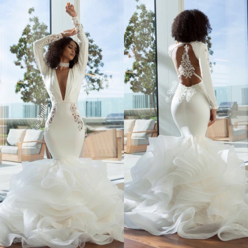 

2020 Deep V Neck Embroidery Long Sleeves Evening Dresses See Through Backless Cascading Ruffles Skirts Elegant Prom Gowns, Hunter