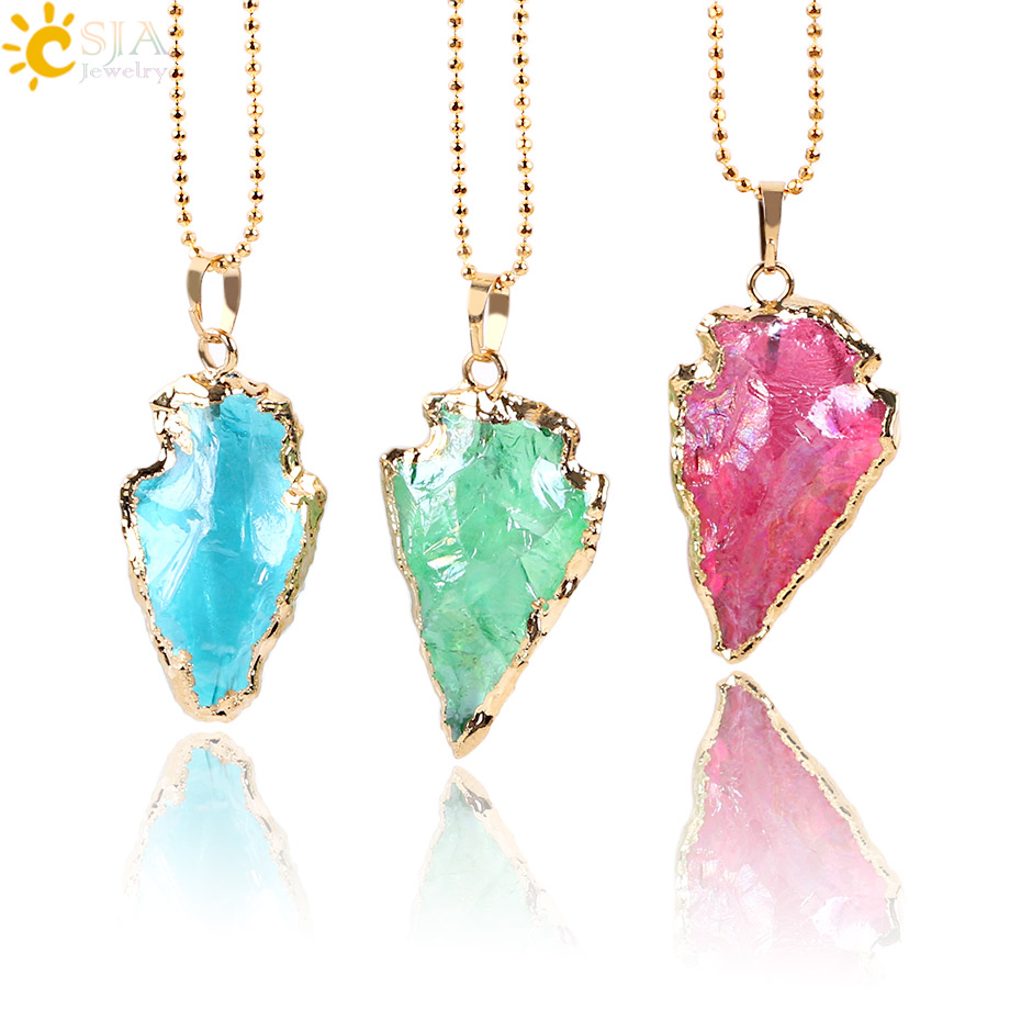 

CSJA Natural Crystal Quartz Pendant Red Blue Green Gemstone Gold Edge Arrowhead Charms Necklace Statement Healing Irregular Jewellery E634 B
