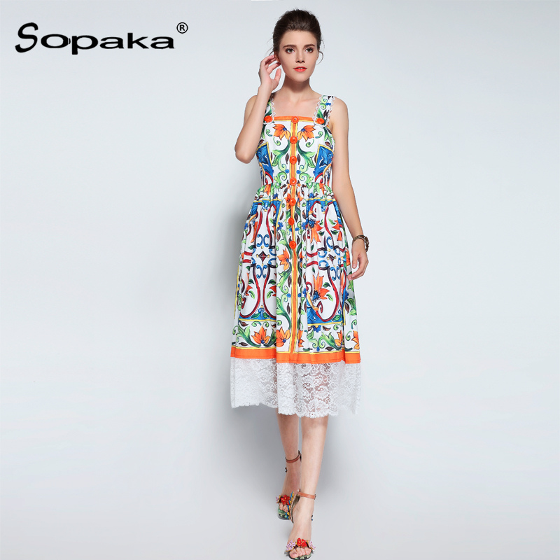 

2018 Summer Sleeveless Floral Print Colorful Lace Sundress Boho Empire A-Line Spaghetti Strap Runway Designer Midi Women Dress, Multi