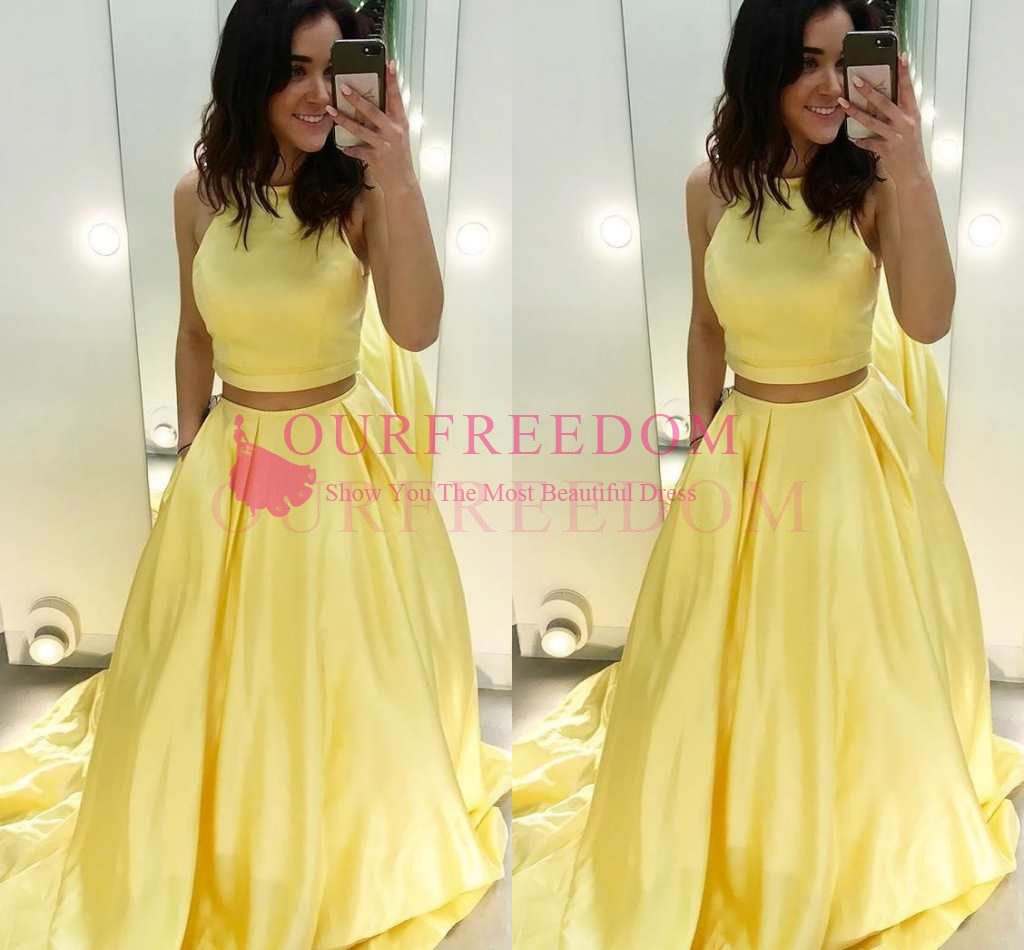 

2019 Light Yellow Stain Two Piece Prom Dresses Jewel Neck A Line Sweep train Formal Occasion Evening Gowns Custom Made Hot Sale Cheap, Brown