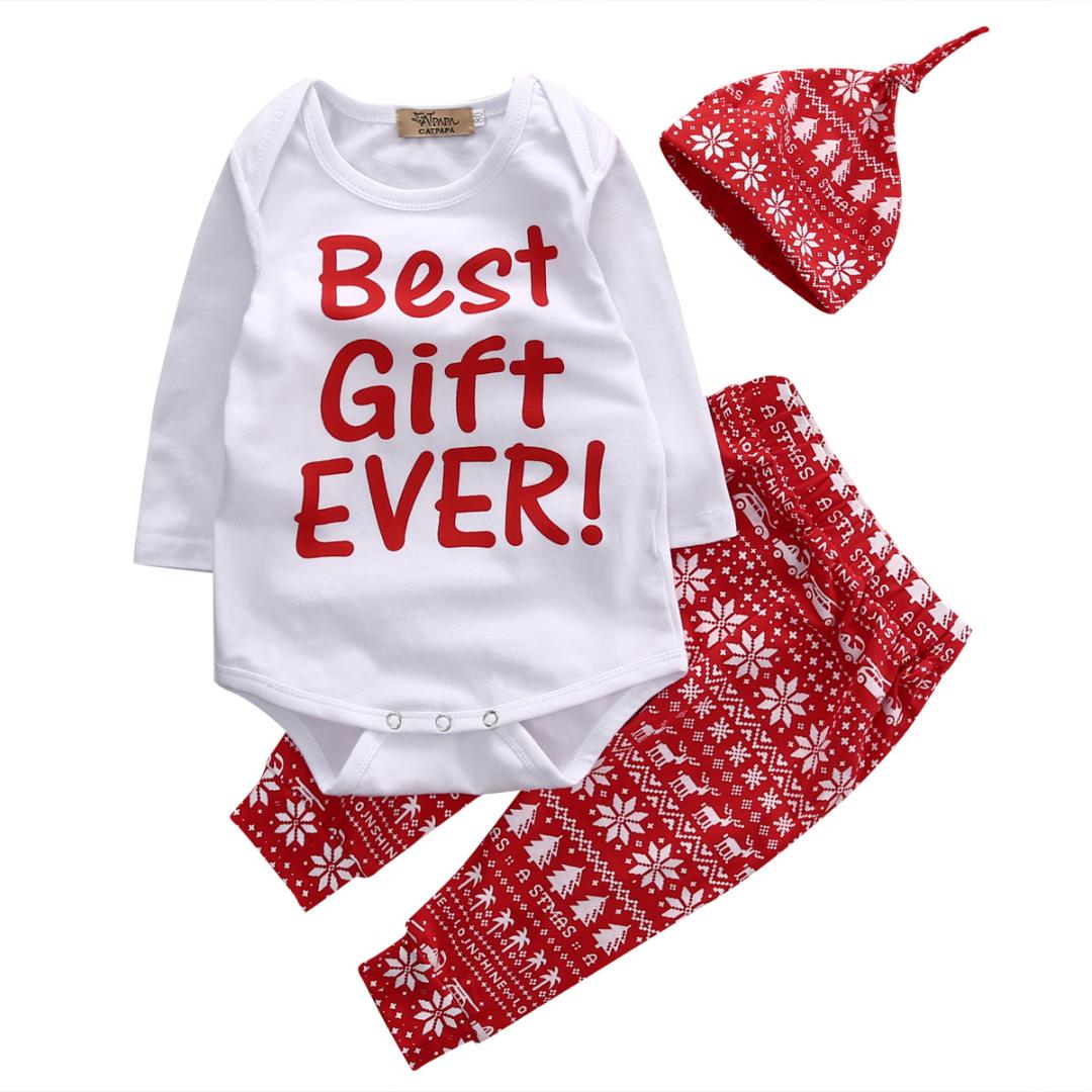 3PCS Newborn Baby Kid Boy Girl Christmas Clothes Tops Pants Hat Outfit Set 0-24M