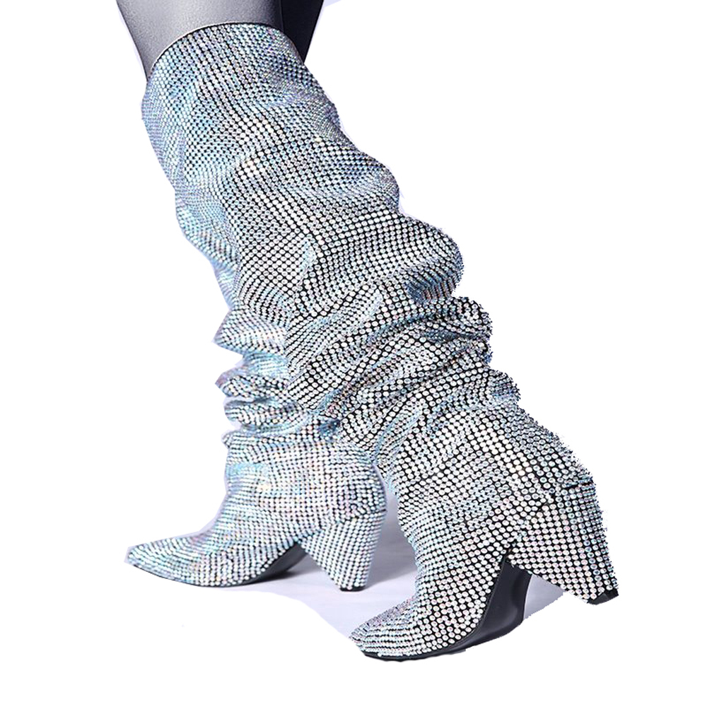themost Hot Sale Womens Luxury Glitter Rhinestone Embellished Slouchy Pull on Knee High Boots Cone Heel Big Size